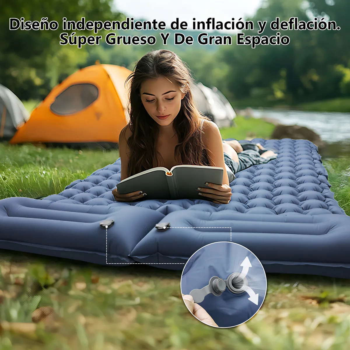 Colchoneta Inflable Matrimonial Camping Mat Inflable Acampar Color Azul Marino Bigview Tapones Para Los Oídos Y Máscaras Para Los Ojos Con Aislamiento De Ruido Gratuitos - 图片 7
