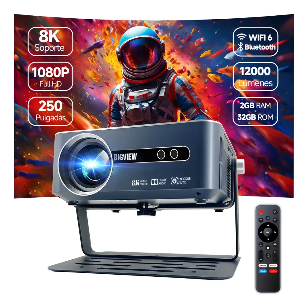 Proyector 8k Profesional Android 9.0 Bigview Full Hd 12000 Lúmenes 2 Gb Ram + 32 Gb Rom Bluetooth 5.0 Wifi 5g / 2.4g