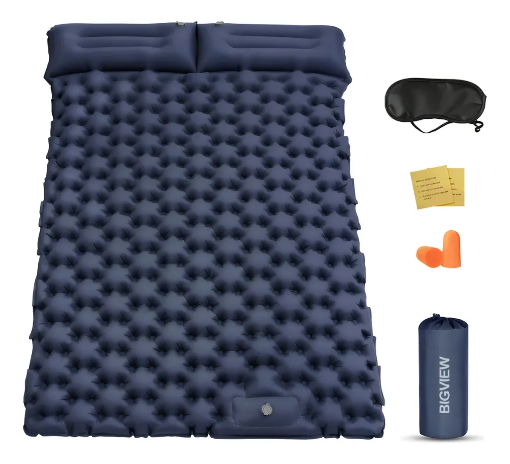 Colchoneta Inflable Matrimonial Camping Mat Inflable Acampar Color Azul Marino Bigview Tapones Para Los Oídos Y Máscaras Para Los Ojos Con Aislamiento De Ruido Gratuitos