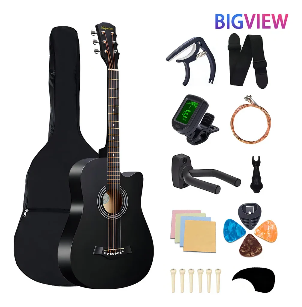 Bigview Guitarra Acústica Clásica Negra 38 Pulgadas – Paquete Completo con Funda, Cuerdas de Repuesto y Accesorios