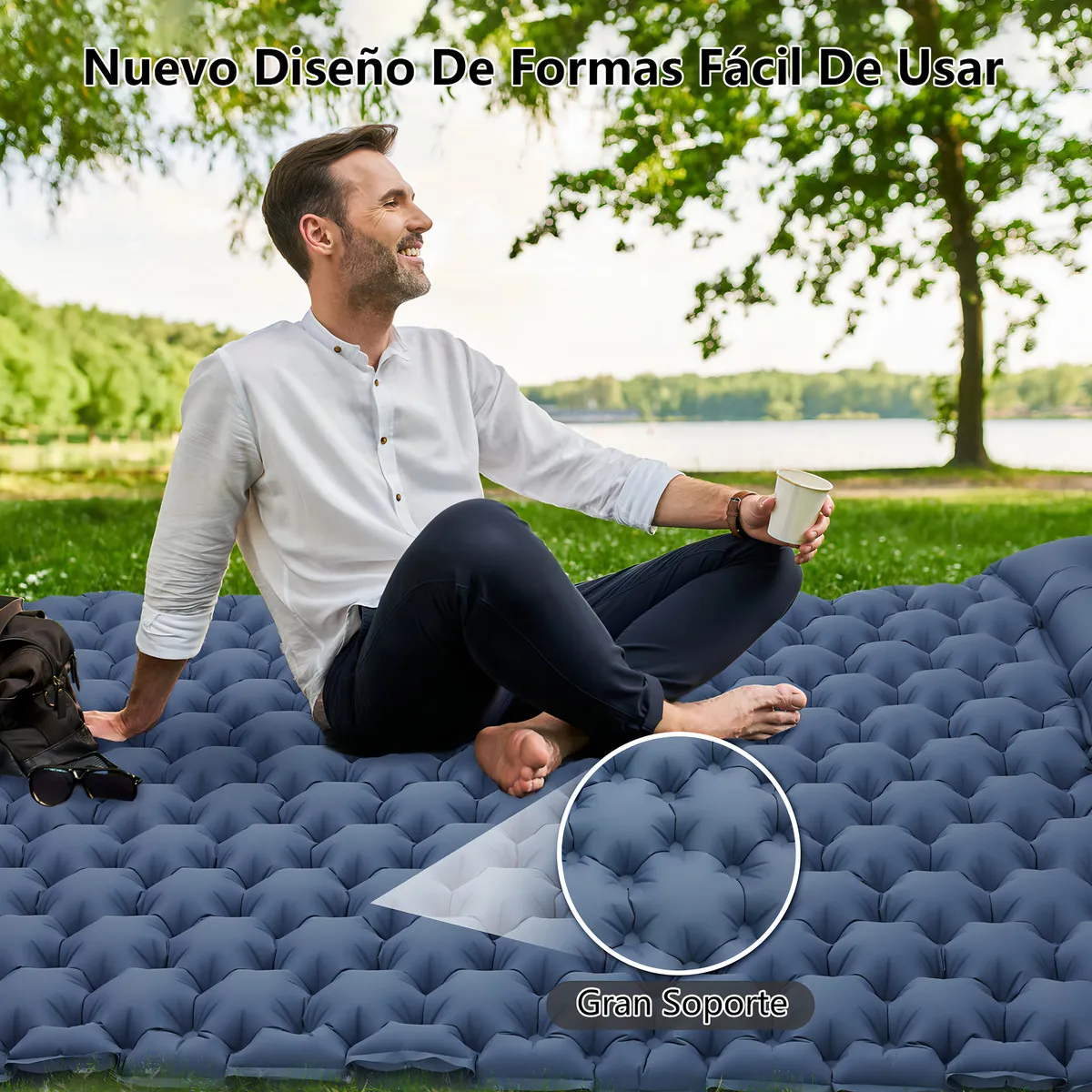 Colchoneta Inflable Matrimonial Camping Mat Inflable Acampar Color Azul Marino Bigview Tapones Para Los Oídos Y Máscaras Para Los Ojos Con Aislamiento De Ruido Gratuitos - 图片 9