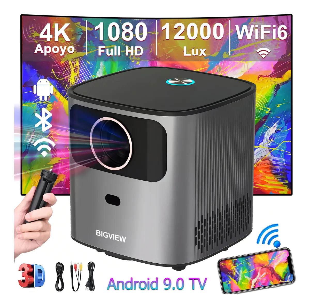 Proyector 4k Profesional Android 9.0 Bigview Full Hd 12000 Lúmenes 2 Gb Ram + 16 Gb Rom Bluetooth 5.0 Wifi 5g / 2.4g