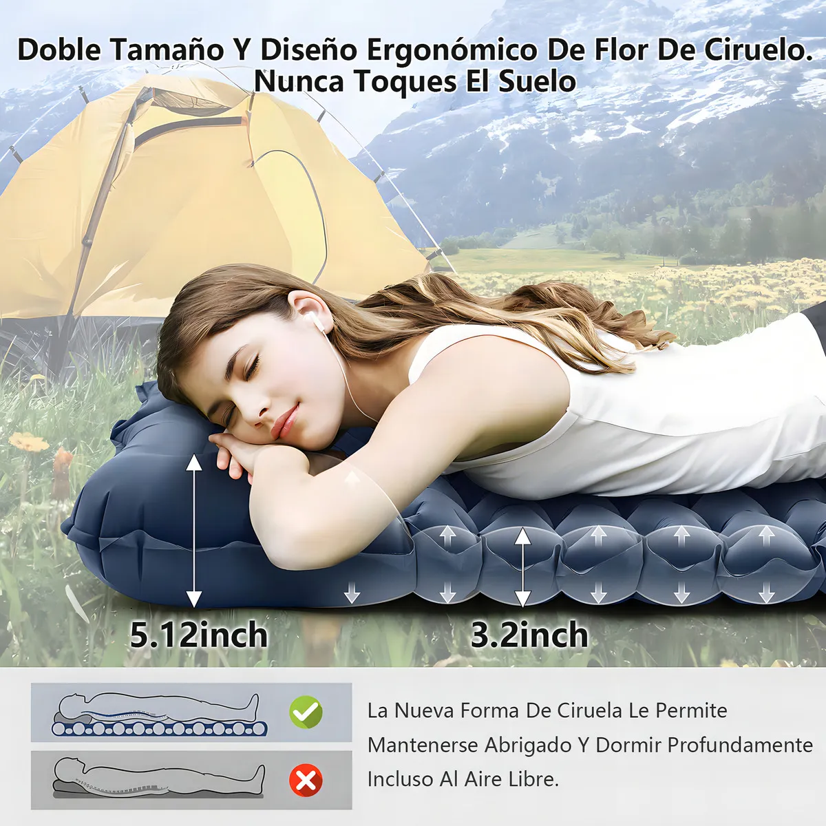 Colchoneta Inflable Matrimonial Camping Mat Inflable Acampar Color Azul Marino Bigview Tapones Para Los Oídos Y Máscaras Para Los Ojos Con Aislamiento De Ruido Gratuitos - 图片 2