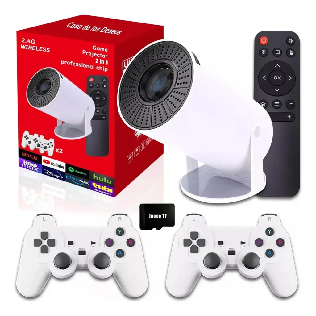 Bigview Proyector Android Wifi Portatil Mini Smart Tv 4k 1080p Led, Proyectores Profesional Baratos Para Celular, Con 2 Gamepads Y Más De 20000 Juegoscolor Blanco