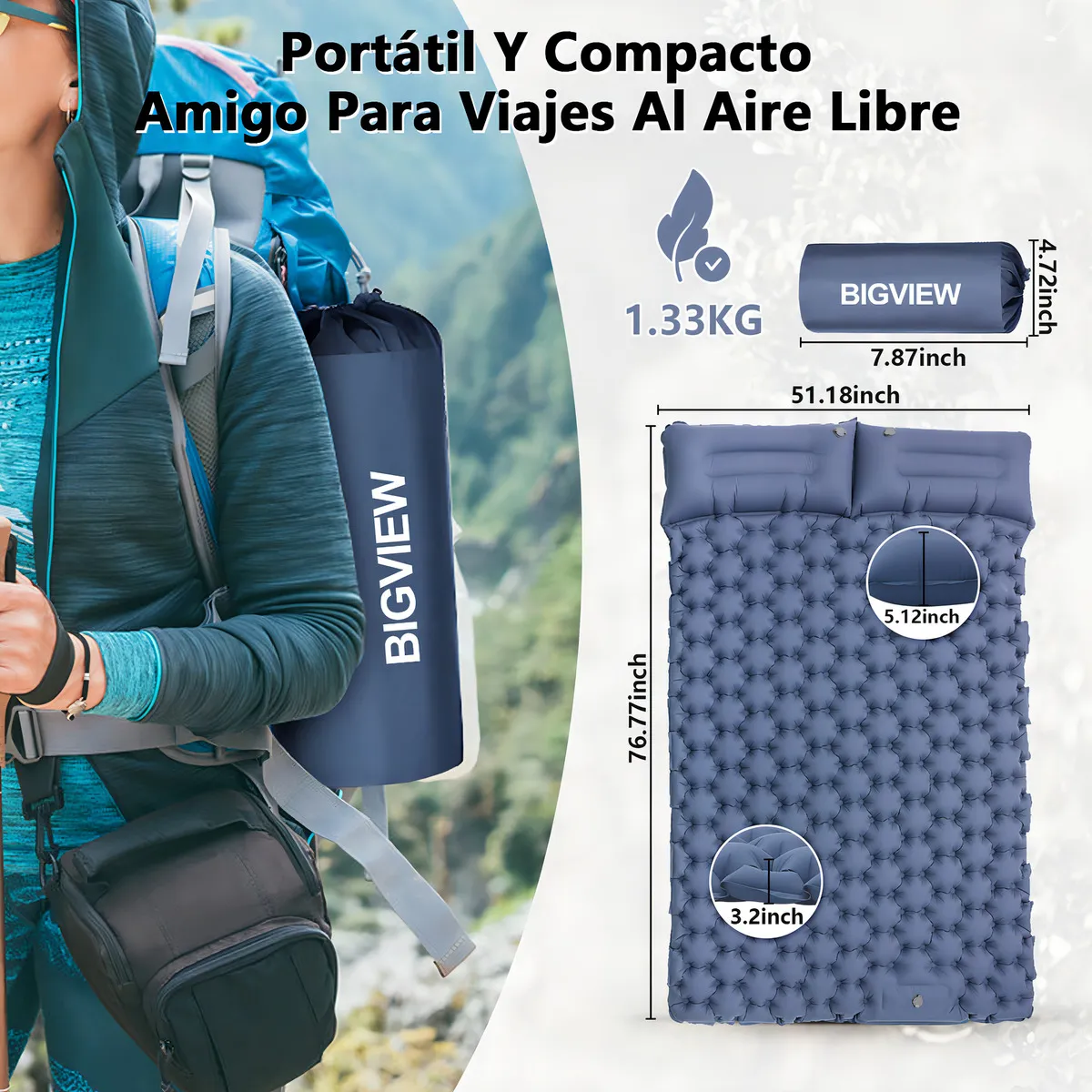 Colchoneta Inflable Matrimonial Camping Mat Inflable Acampar Color Azul Marino Bigview Tapones Para Los Oídos Y Máscaras Para Los Ojos Con Aislamiento De Ruido Gratuitos - 图片 3