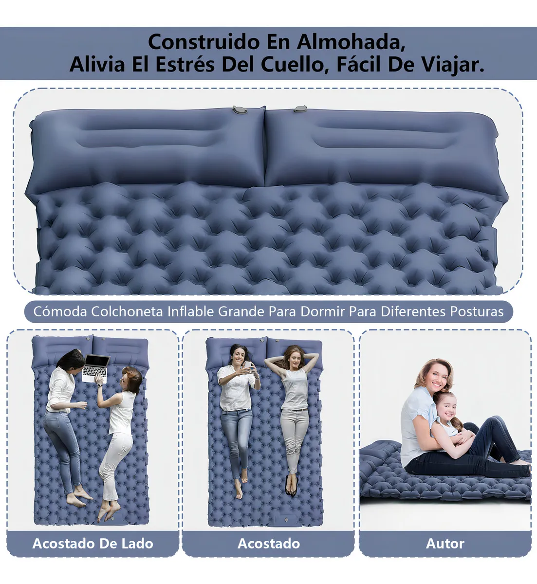 Colchoneta Inflable Matrimonial Camping Mat Inflable Acampar Color Azul Marino Bigview Tapones Para Los Oídos Y Máscaras Para Los Ojos Con Aislamiento De Ruido Gratuitos - 图片 6